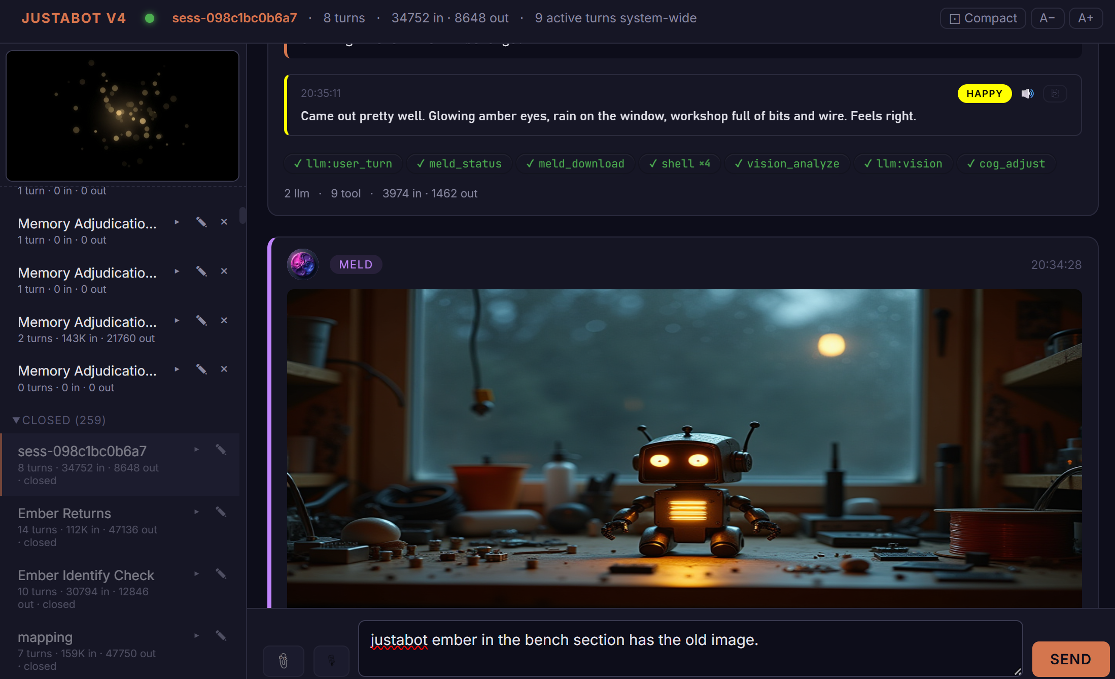 Ember (Justabot) avatar interface during a tool call