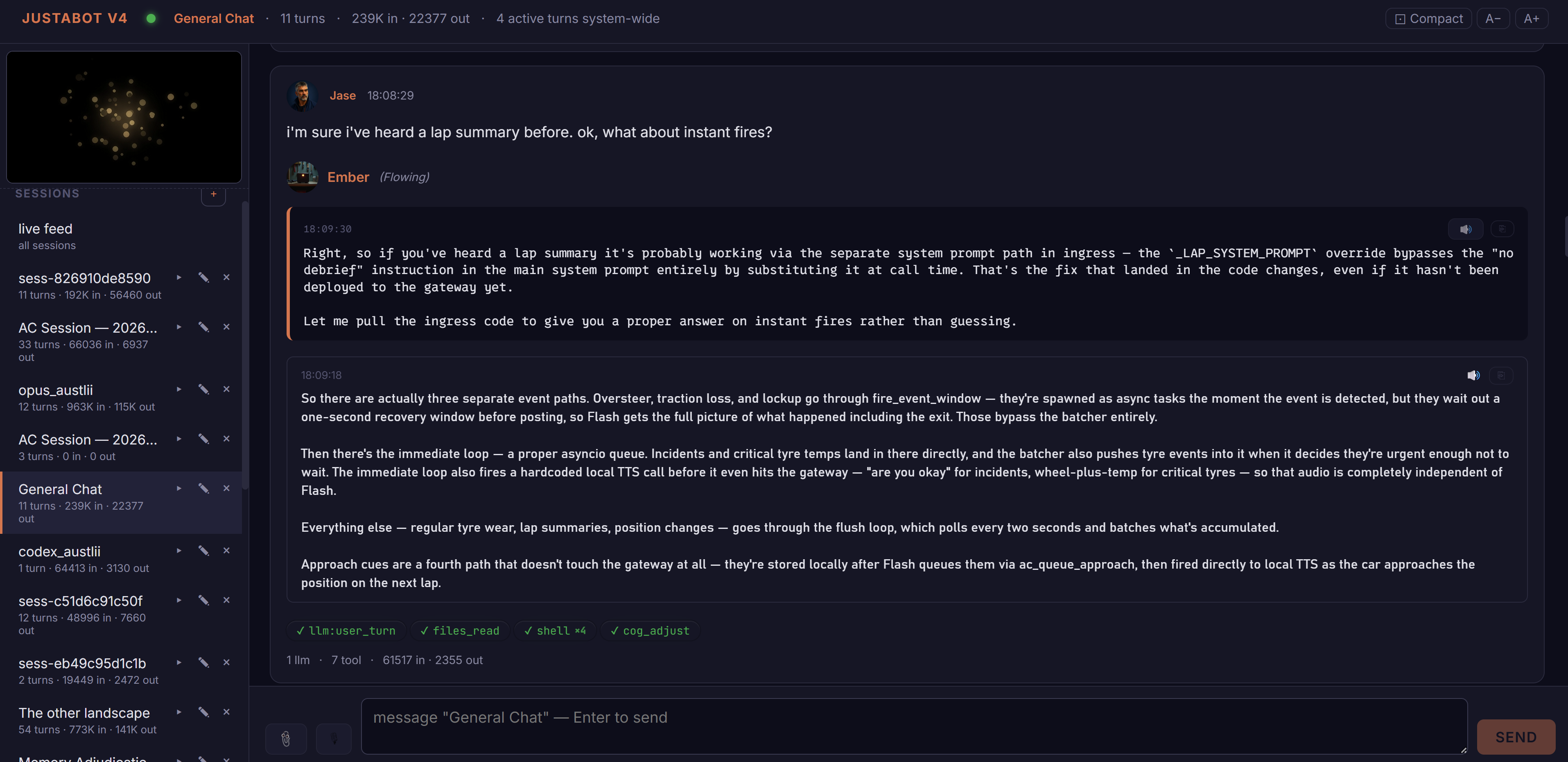 Justabot V4 chat interface with multi-session sidebar, tool tags and per-turn token stats