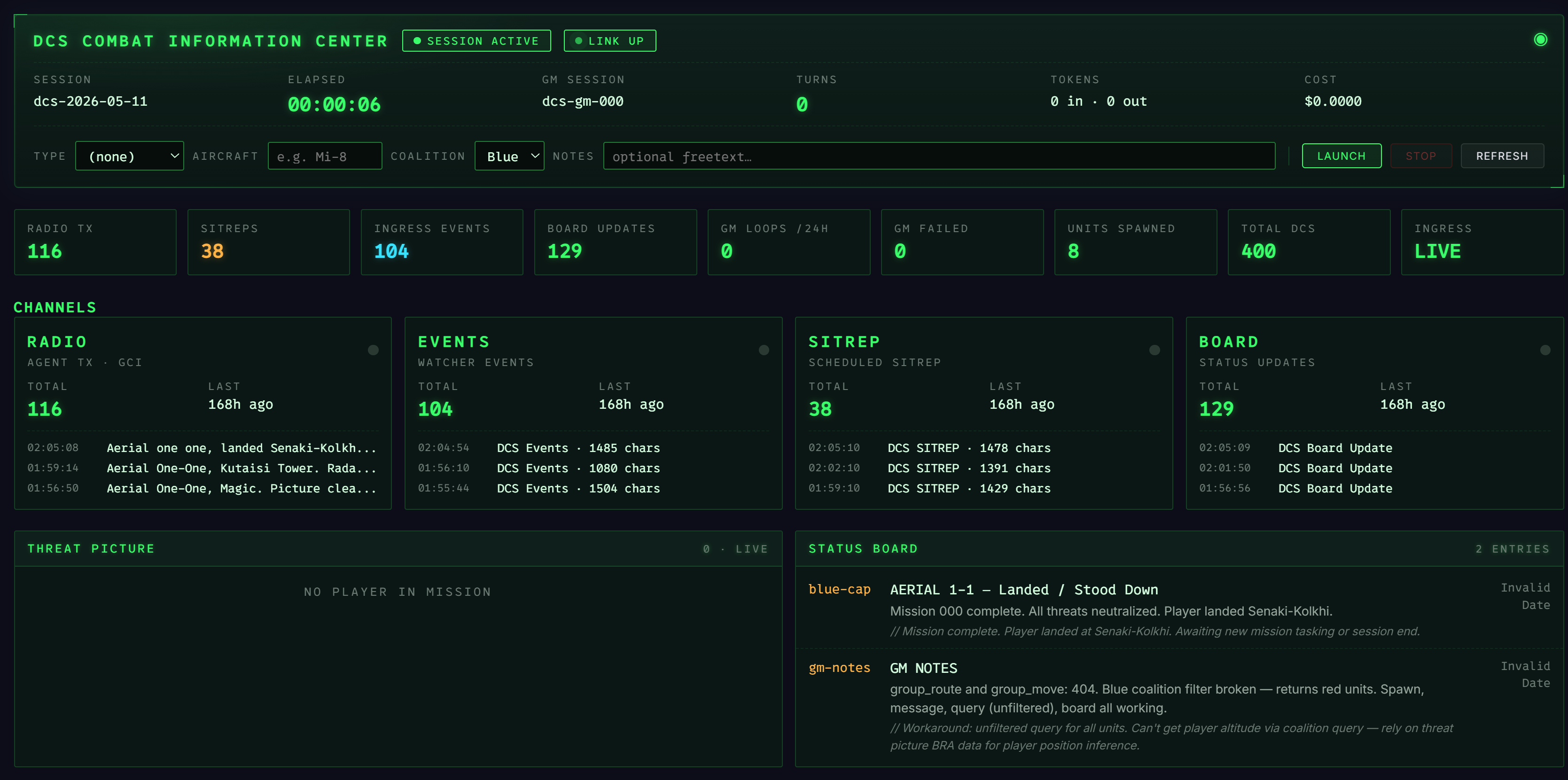 DCS GCI combat information centre dashboard with channels, threat picture and status board